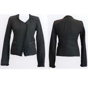 MAJE Ahead Black Linen Moto Blazer Lambskin Leather Jacket in Black 40 XL